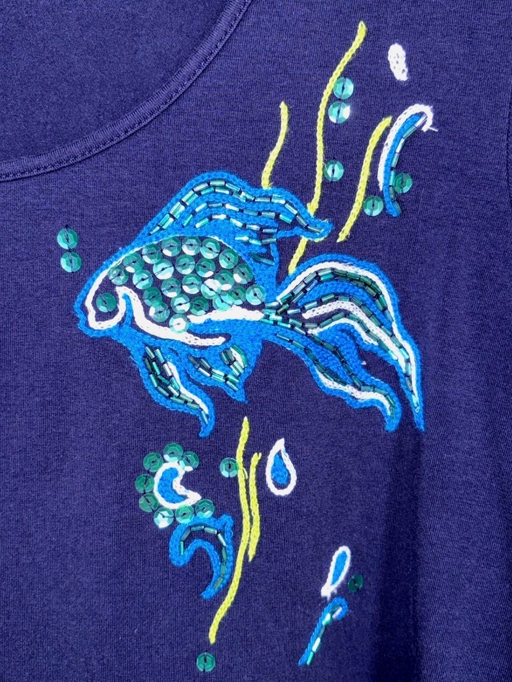 Chico’s Beaded Sequin Fish Top Blue Coastal Embroidered 3/4 Sleeve Size 2 US L - Picture 2 of 13